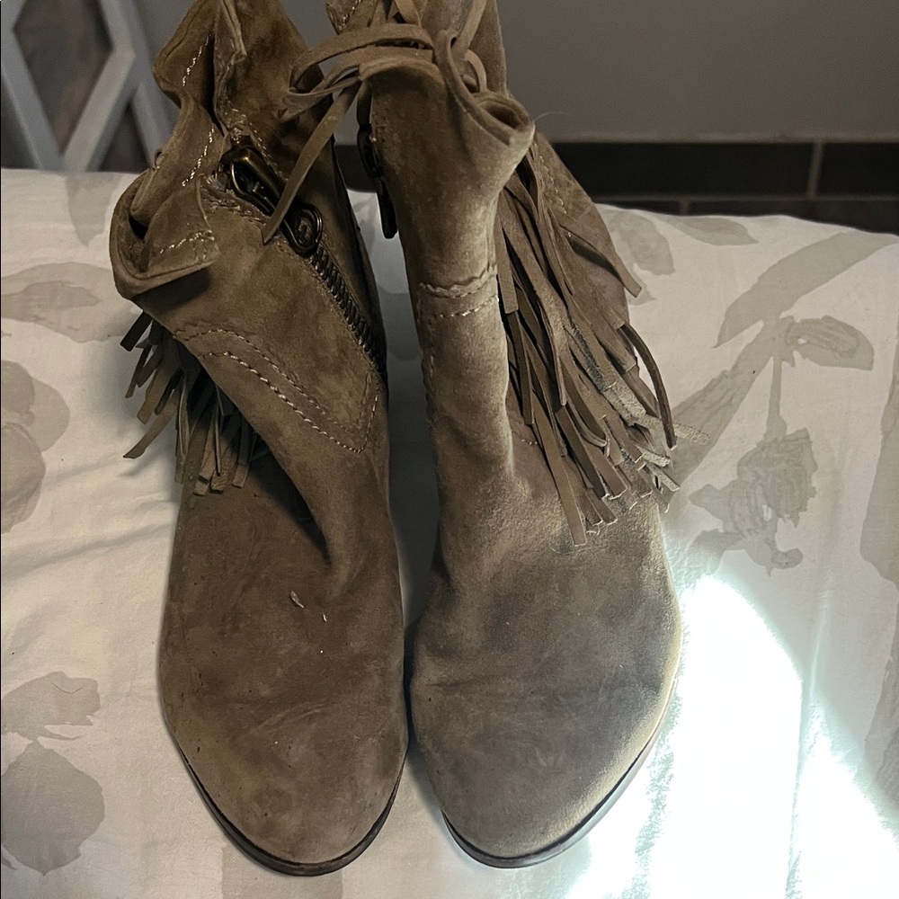 Sam Edelman Taupe Fringed Ankle Booties
